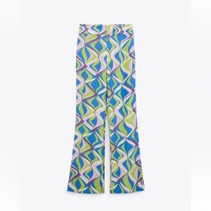 NWT Zara Printed Flared High Waisted Pants XS Blue light green  NWT